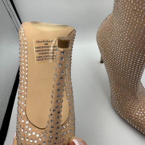 Steve Madden VELA-R TAN RHINESTONE STUD FABRIC Ankle Boot Bootie Heel Size 6 - Picture 4 of 7